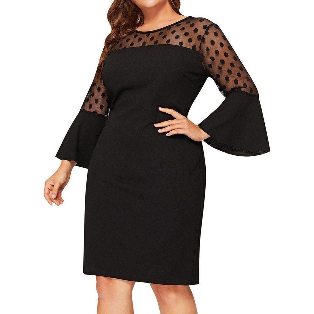 Eliza J Women's Black Dot Mesh Bell Sleeve Sheath Dress size 24W in Black- NEW